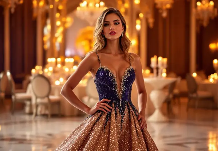 Une femme resplendissante dans une robe de fête fin d'année, ornée de paillettes bleues et dorées, se tient dans une salle de bal illuminée par des bougies.