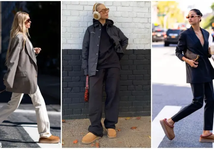Trois femmes montrent comment s'habiller avec des Ugg : en blazer chic, en tenue décontractée ou en costume élégant.