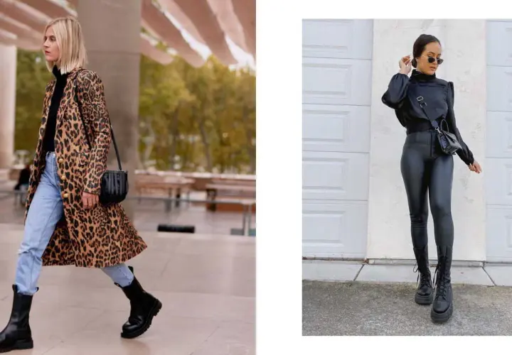 Deux femmes stylées portent des bottes. L'une arbore un manteau léopard et jean, l'autre un look cuir noir.