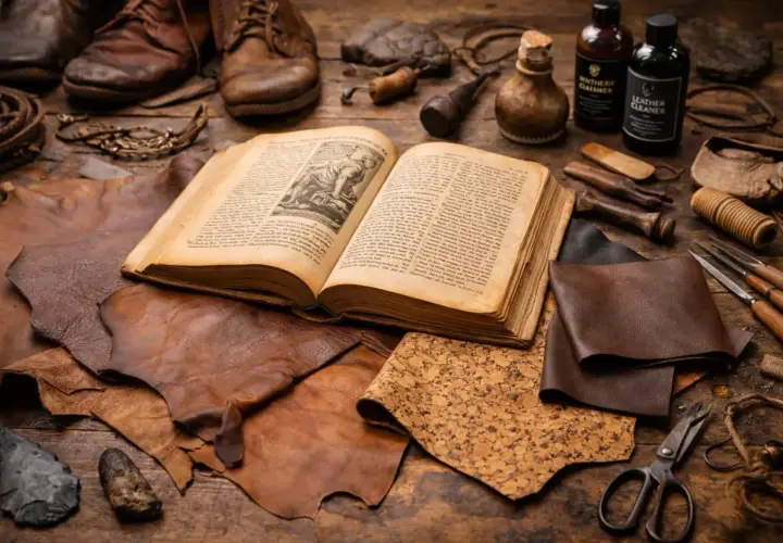 Livre ancien ouvert sur des peaux de cuir, outils et flacons. Une scène évoquant l'histoire du cuir et de son travail artisanal.