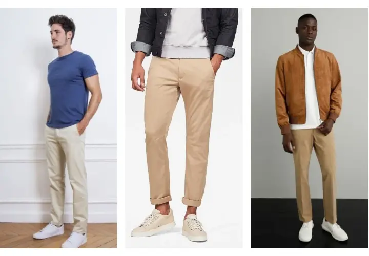 Trois hommes portent un chino camel. Le premier avec un t-shirt bleu, le deuxième avec une veste en jean et un sweat, le troisième avec une veste bomber marron.