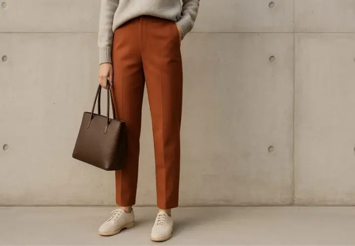 Pantalon couleur tan, pull gris, sac marron et chaussures beiges. Un look chic et décontracté.
