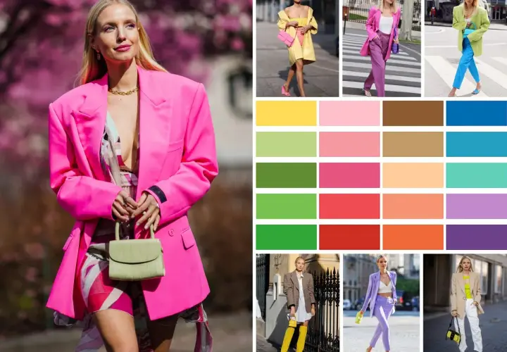 Inspiration pour associer couleurs vêtements : looks audacieux en rose vif, jaune, vert, violet et bleu. Palette de couleurs vives pour des tenues éclatantes.