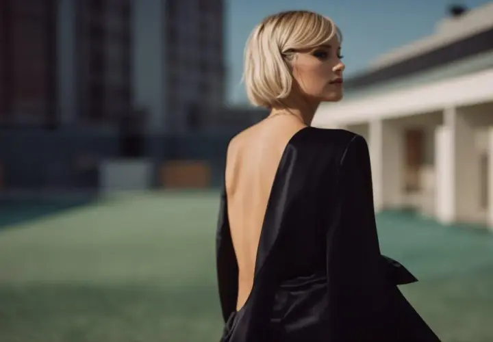 Une femme blonde porte une élégante robe collant noir, le dos nu, dans un décor urbain moderne.