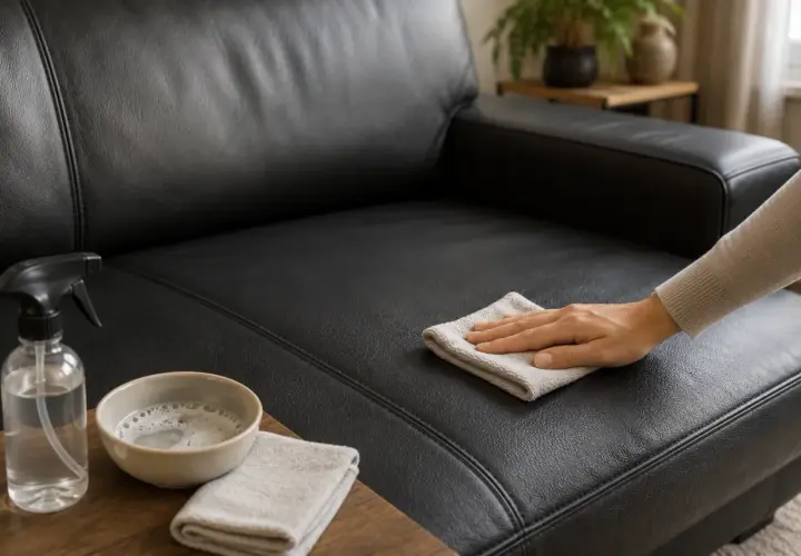 Main d'une personne nettoyant un canapé en simili cuir noir avec un chiffon. Un spray et un bol de savon sont à proximité, suggérant une méthode de nettoyage naturel, comme avec du bicarbonate.