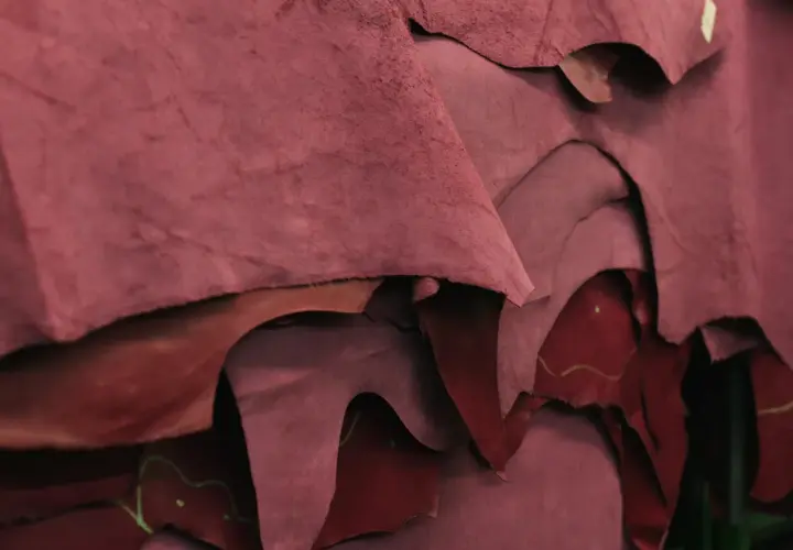 Superposition de pièces de croute de cuir bordeaux, matière brute prête à être transformée.