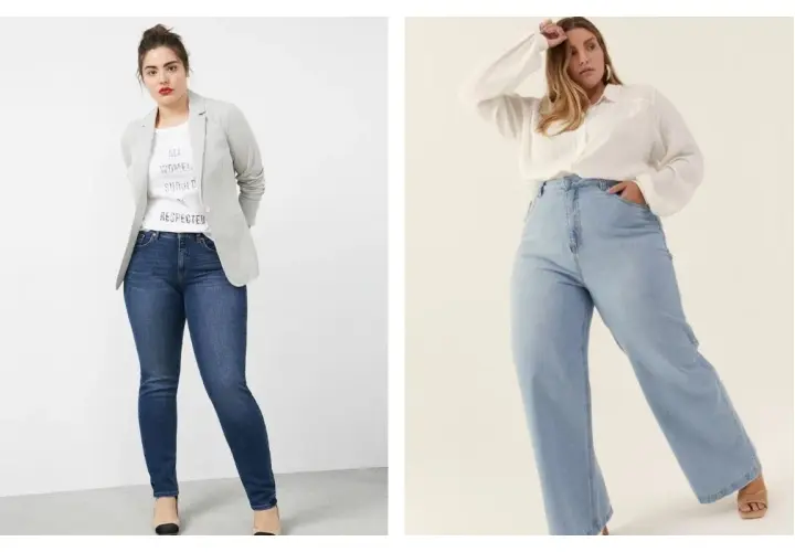 Trouver quel jean quand on a des hanches et des cuisses : un jean slim bleu foncé et un jean large bleu clair, deux options flatteuses.