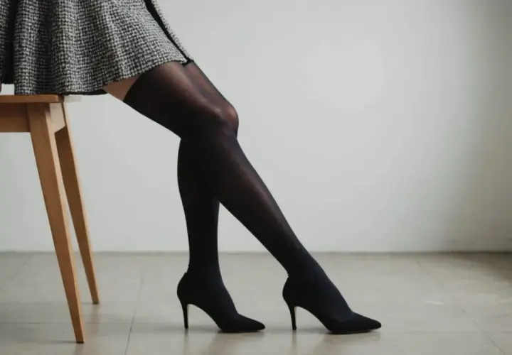 Jambes élancées en collant noir, le tissu offre un sens collant 2 traits, accentuant la silhouette. Chaussures à talons aiguilles noires.