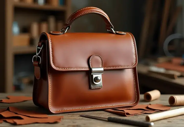 Sac à main en cuir marron, sur une table en bois avec des chutes de cuir et des bobines de fil. Un aperçu de la liste des tanneries en France.