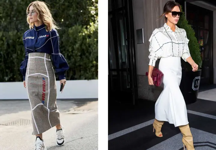 Deux femmes montrent quelles chaussures avec une robe longue automne : baskets stylées ou bottines élégantes.