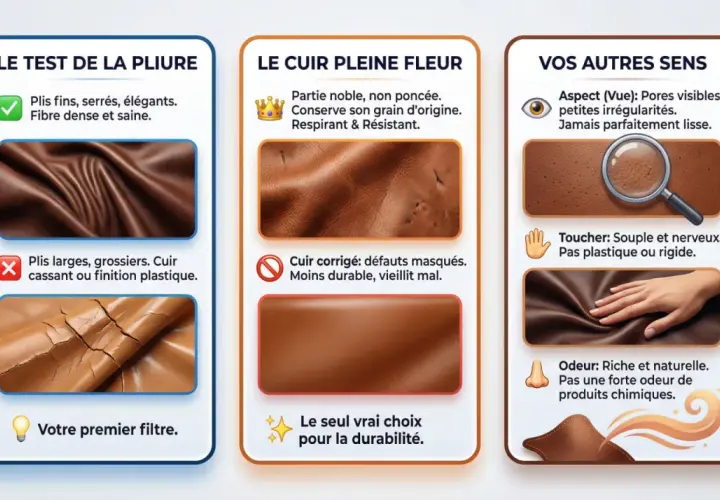 Test de pliure, cuir pleine fleur et sens : visuel, toucher, odeur. La qualité cuir se révèle par sa souplesse et son grain naturel.