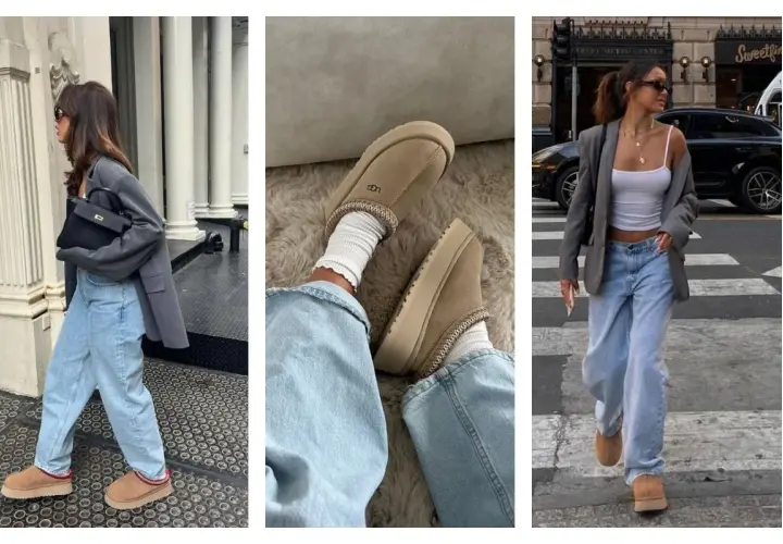 Trois looks pour savoir comment porter des mules UGG avec style : jean large, blazer et sac chic, ou chaussettes douillettes pour un confort maximal.