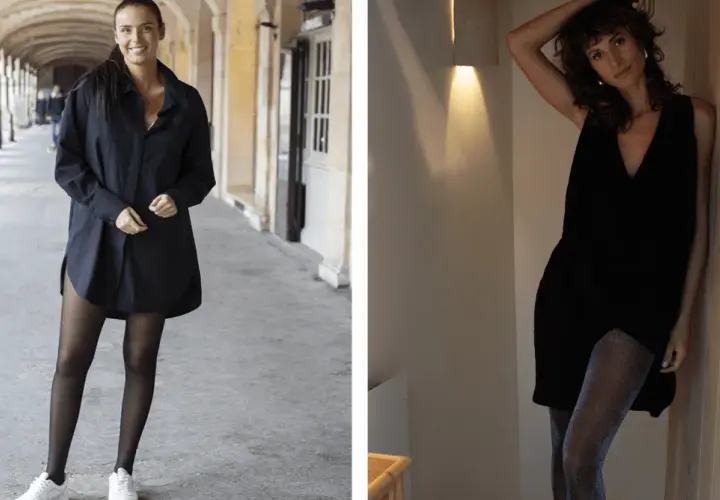 Deux femmes portent des tenues noires, l'une avec une robe chemise et des collants noirs opaques, l'autre avec une robe sans manches et des collants scintillants.