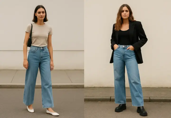 Deux femmes portent un jean wide leg. Ce style de jean convient à toutes les morphologies, allongeant la silhouette.
