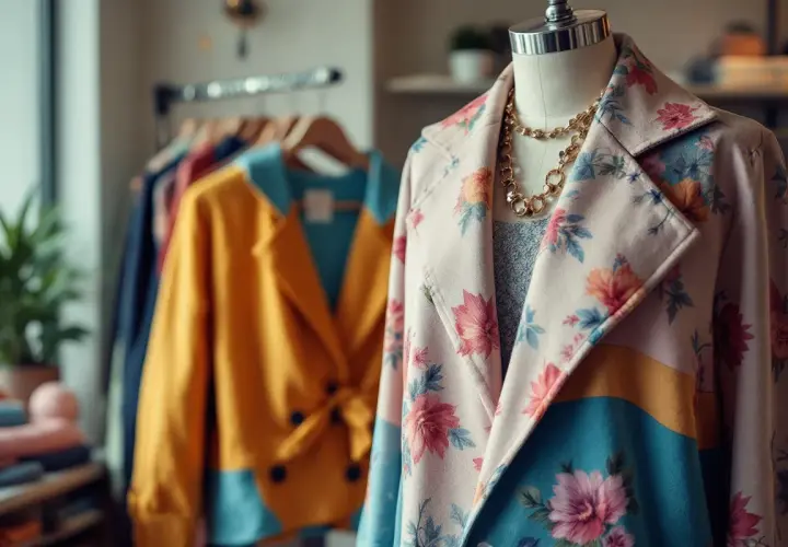 Manteau fleuri sur mannequin, avec un collier doré. Un autre vêtement jaune et bleu est visible derrière. La couleur complémentaire du vêtement est bien choisie.