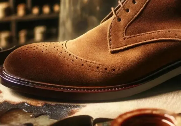 Gros plan sur une chaussure richelieu en daim marron, prête pour une teinture. Le savoir-faire artisanal est visible.