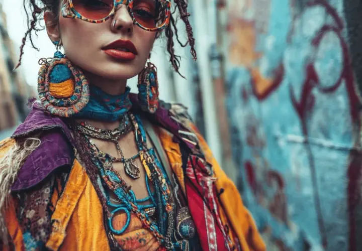 Une femme au style bohème audacieux, avec des lunettes colorées et de grosses boucles d'oreilles. C'est pas facile d'avoir du style, mais elle y arrive !