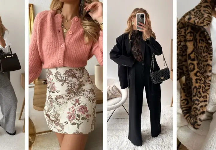 Idées de tenues pour Noël femme : tailleur gris, robe fleurie, tailleur noir chic, ou manteau léopard.