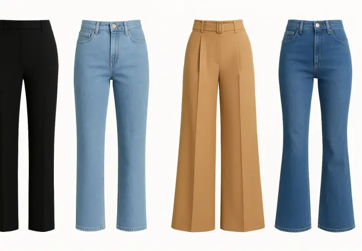 Guide coupe pantalon femme : un pantalon noir, deux jeans bleus et un pantalon camel évasé.