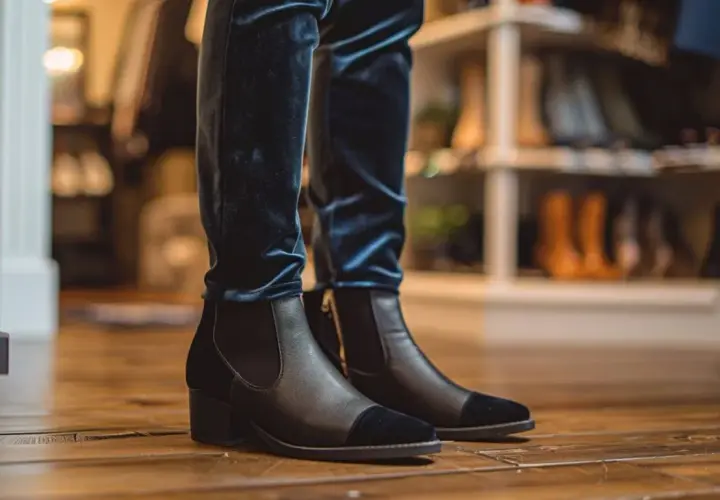 Quelle chaussure avec pantalon velours femme ? Ces bottines noires et bleues s'accordent parfaitement avec un pantalon en velours bleu nuit.