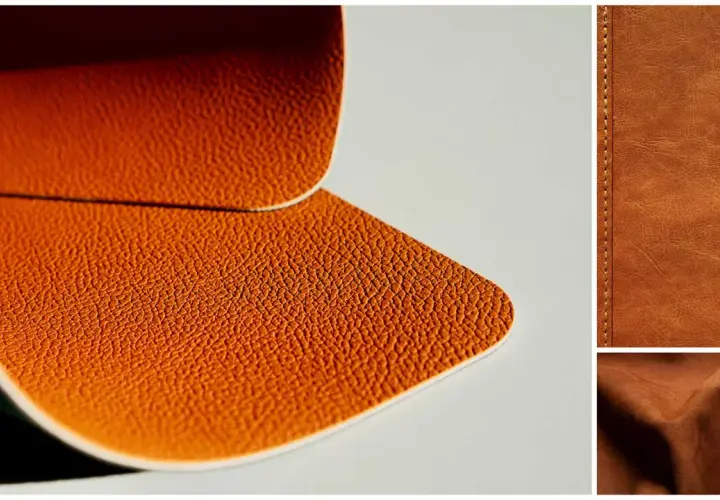 Gros plan sur des textures de cuir ou simili cuir marron, avec des détails de grain et de coutures.
