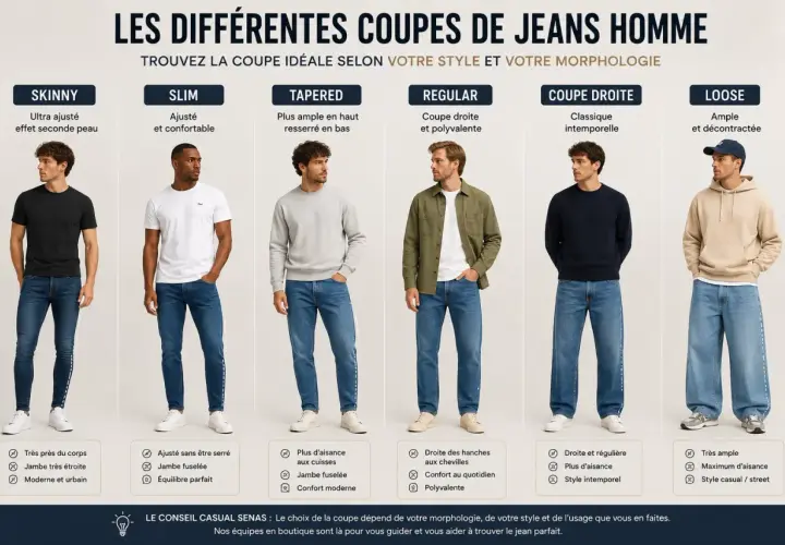 Cinq hommes présentent différentes formes de jean : skinny, slim, tapered, regular, coupe droite et loose.
