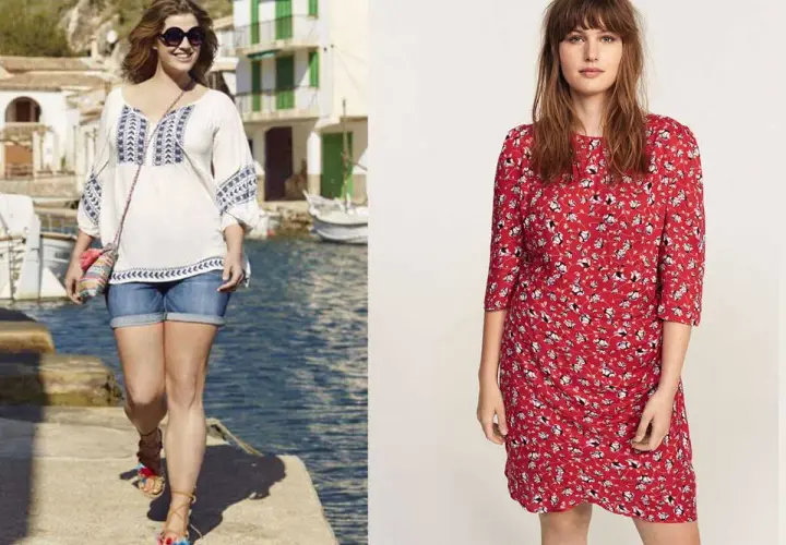 Comment s'habiller l'été quand on est ronde : une femme en tenue décontractée avec un top brodé et short en jean, une autre en robe d'été rouge à fleurs.