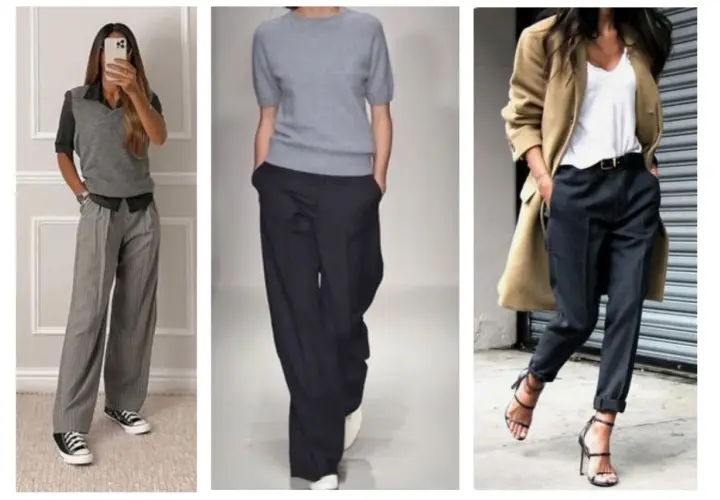 Trois looks pour savoir comment s'habiller pour être féminine : pantalon large, pull gris, manteau camel. Chic et décontracté.