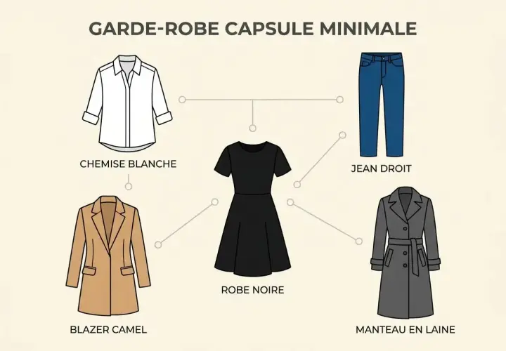 Un guide pour s'habiller stylé avec une garde-robe capsule minimale : chemise blanche, robe noire, jean, blazer camel et manteau en laine.