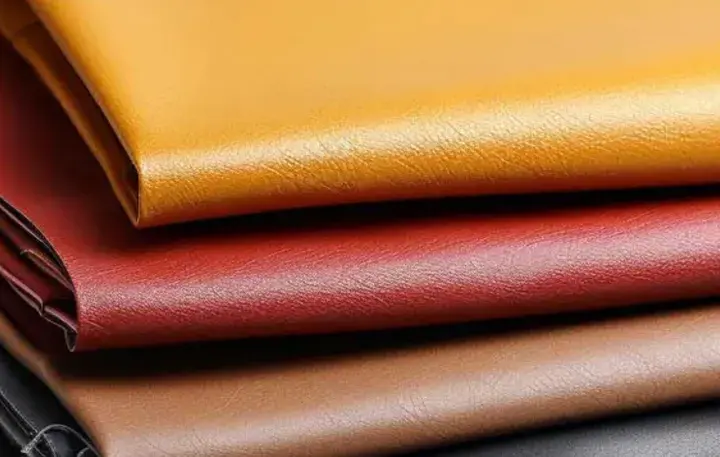 Pile de cuirs synthétiques aux couleurs vives : jaune, rouge, marron et noir. Une belle illustration pour se demander que vaut le cuir PU.