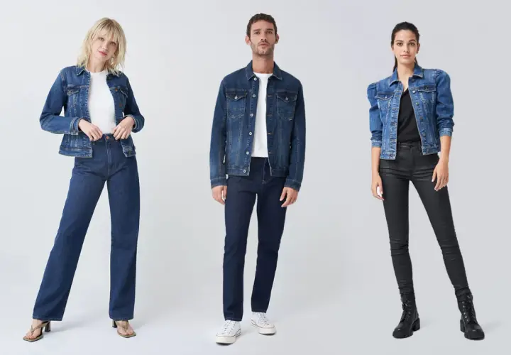Trois mannequins présentent des looks avec un jean bleu foncé. Idées pour que mettre avec un jean bleu foncé femme : veste en jean, top blanc ou noir, pantalon enduit.