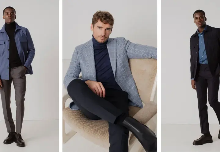 Trois hommes présentent des tenues élégantes pour savoir comment s'habiller au travail : veste bleue, blazer à carreaux, costume bleu marine.