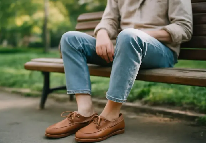 Un homme est assis sur un banc, portant une chemise beige, un jean et une paire de chaussure bateau chaussette en cuir marron.