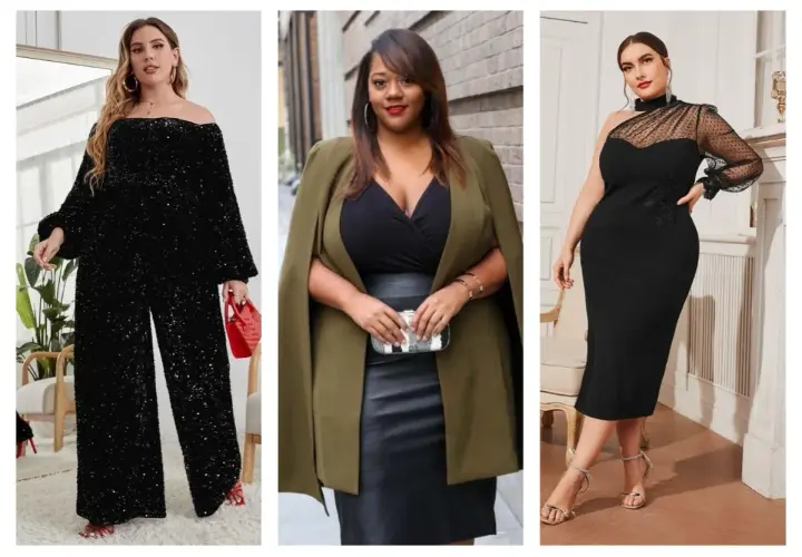 Idées de tenues pour comment s'habiller pour un premier rdv quand on est ronde : combinaison à paillettes, robe noire élégante, ou ensemble chic avec cape.