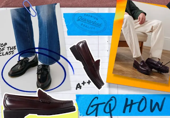 Des mocassins costume, parfaits pour un look chic. Ces chaussures élégantes sont mises en avant dans un montage graphique.
