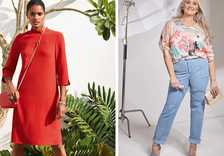 Deux femmes, l'une en robe rouge, l'autre en jean et chemisier fleuri, prouvent que ce qui vieillit une femme, c'est le manque de style.
