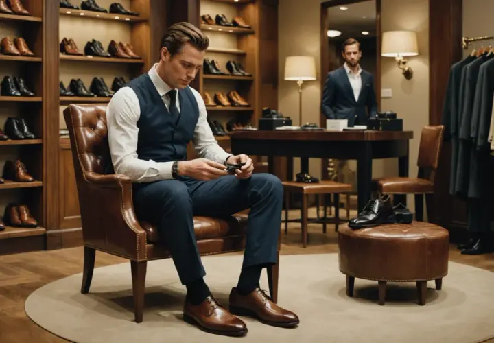 Un homme élégant en costume bleu marine, assis dans un fauteuil en cuir, réfléchit à comment porter des derbies homme. Des chaussures sont exposées dans la boutique.