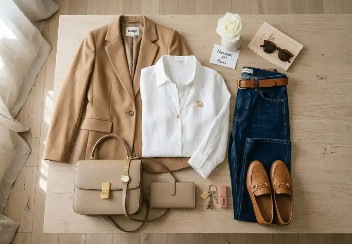 Un ensemble chic pour savoir comment s'habiller avec style : blazer camel, chemise blanche, jean, sac à main et mocassins.