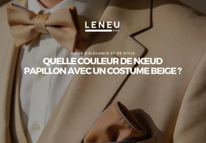 Un homme porte un costume beige avec un nœud papillon assorti. La question "Quelle couleur de nœud papillon avec un costume beige ?" est affichée.