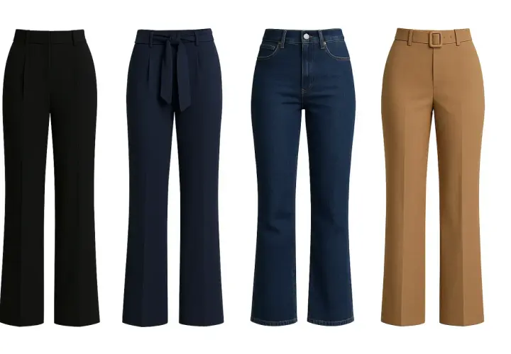Quatre pantalons : noir, bleu marine à ceinture, jean évasé, et camel à boucle. Quel pantalon pour quelle morphologie ?
