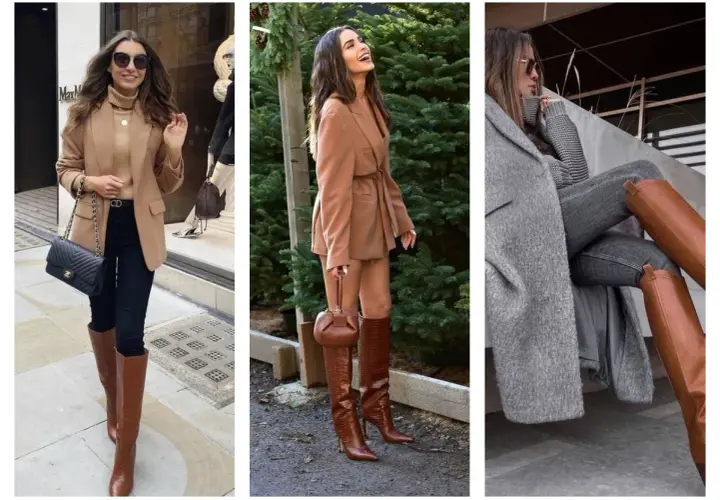 Trois femmes montrent comment porter des bottes hautes marrons avec des blazers et des manteaux pour un look chic.
