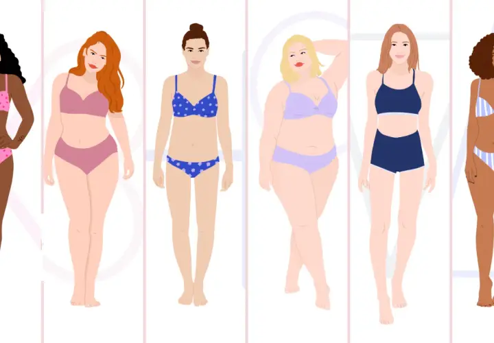 Six femmes aux morphologies variées, dont une femme mince, portent des ensembles de lingerie colorés.