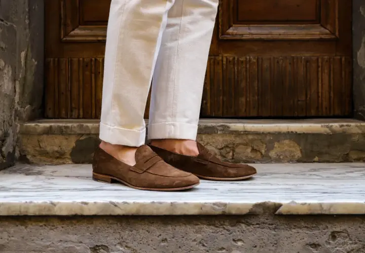 Pieds chaussés de mocassins marron en daim, un look estival parfait pour des chaussures sans chaussettes.