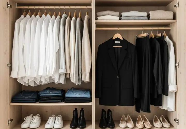 Une garde robe idéale : chemises blanches, pulls neutres, jeans, blazer noir et pantalons assortis. Des chaussures minimalistes complètent l'ensemble.