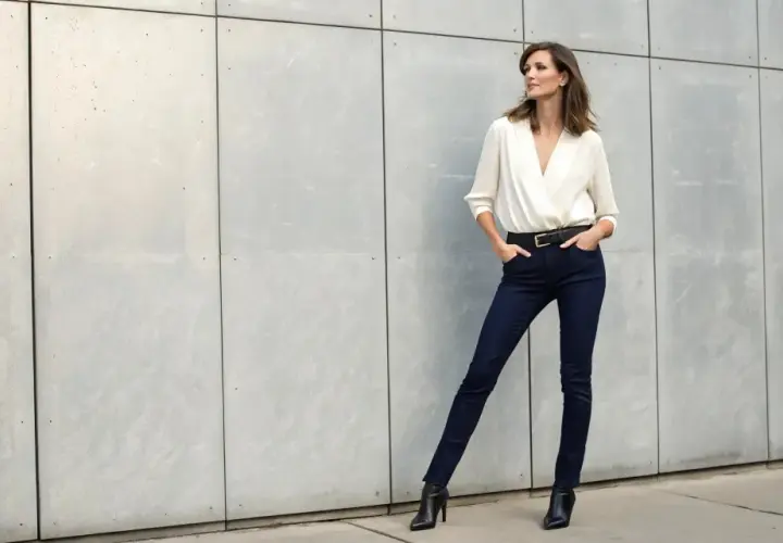 Femme élégante portant un pantalon qui affine les cuisses, chemisier blanc et bottines noires, posant devant un mur en béton.