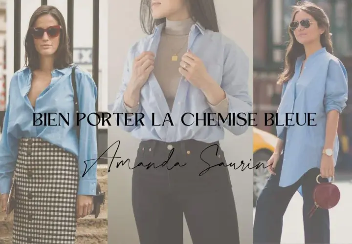 Trois femmes portent une chemise bleu ciel. L'une est avec une jupe à carreaux, l'autre avec un col roulé et un jean, et la troisième avec un pantalon noir.
