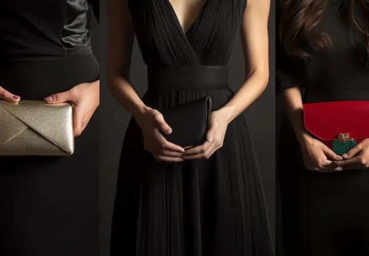 Trois pochettes élégantes : dorée, noire et rouge, parfaits accessoires pour mettre avec une robe noire.