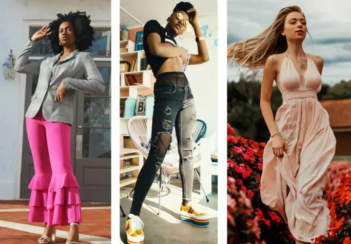 Trois femmes stylées. L'une porte un blazer gris et un pantalon rose évasé. Une autre, un crop top noir, un jean déchiré et une chaussure avec short homme colorée. La troisième, une robe longue pêche.