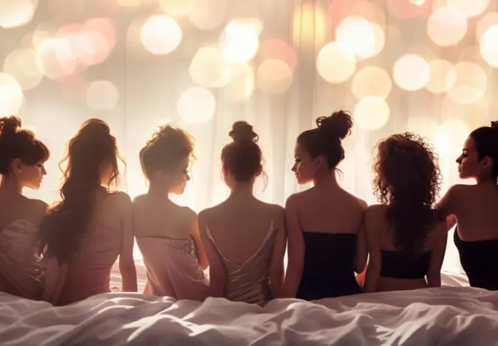 Sept femmes menues, dos tournés, assises sur un lit, dans une ambiance lumineuse et douce.