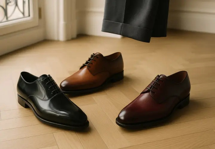 Trois paires de chaussures habillées, dont une chaussure marron, prêtes à accompagner un costume gris.